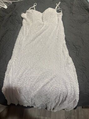 White Sequin Spaghetti Strap Evening Dress